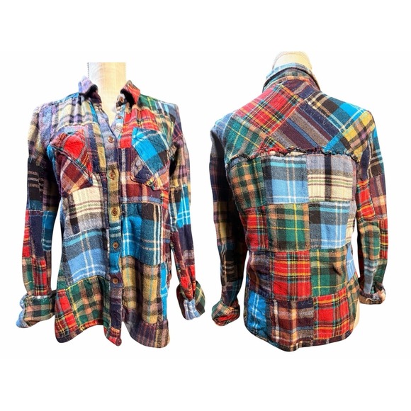 We The Free Lost In Plaid Cropped Patchwork Flannel Shirt Women M Rare Boho - Picture 5 of 13
